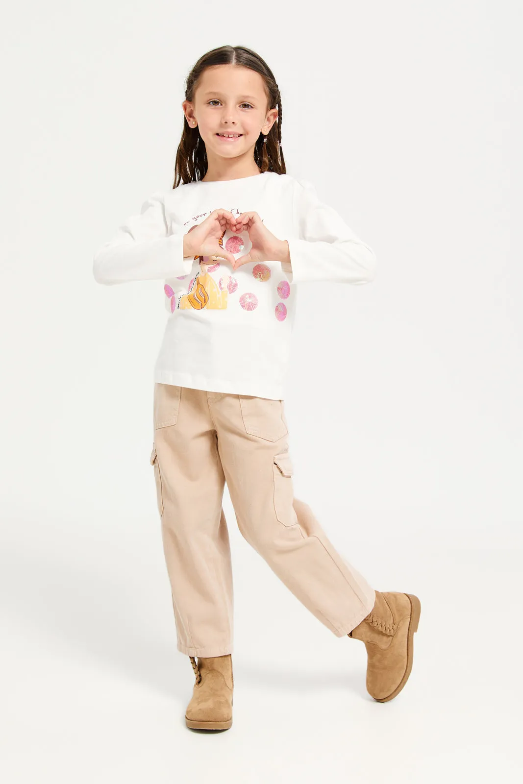 Girls Beige Cargo Denim Jeans