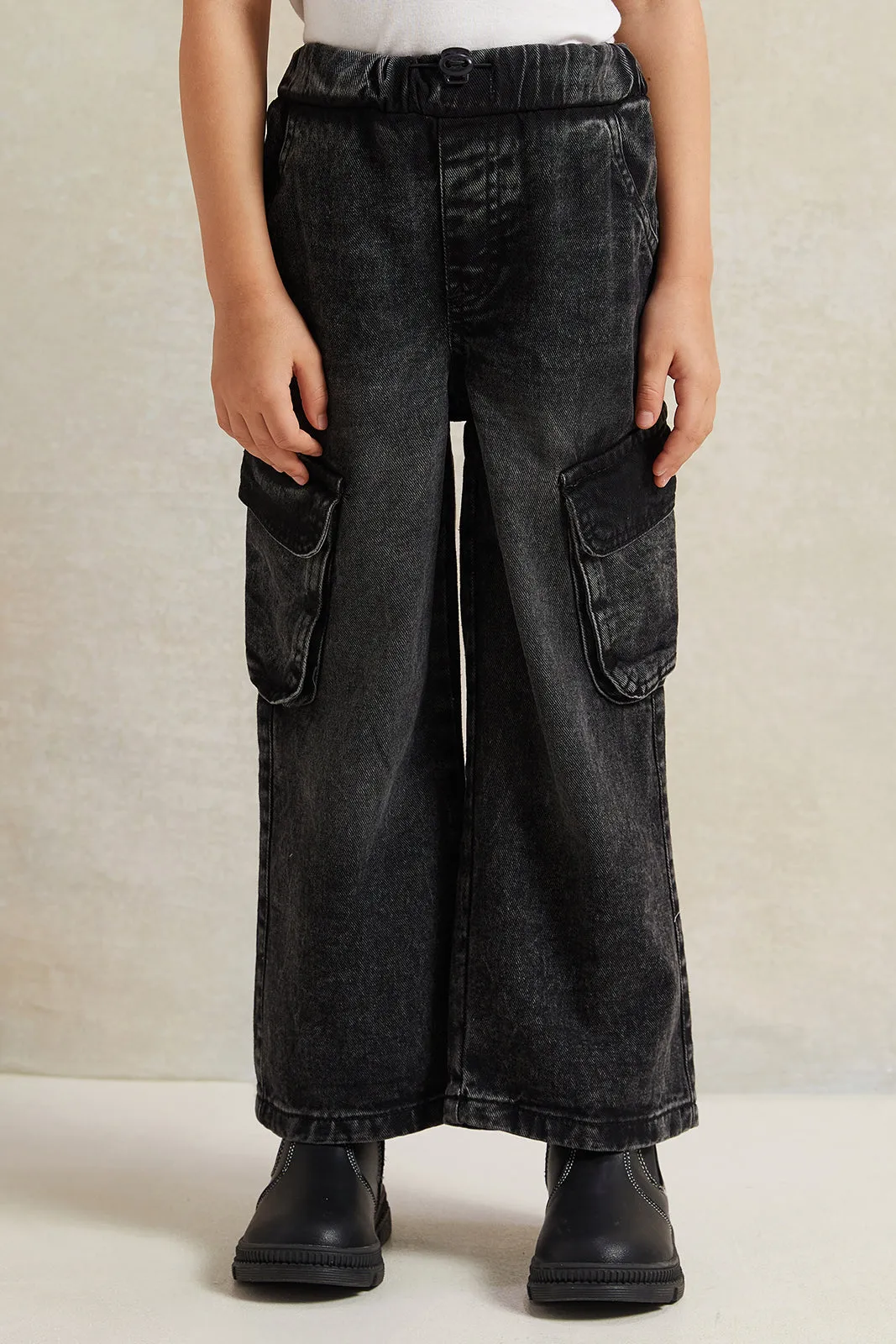 Girls Black Cargo Denim Jeans