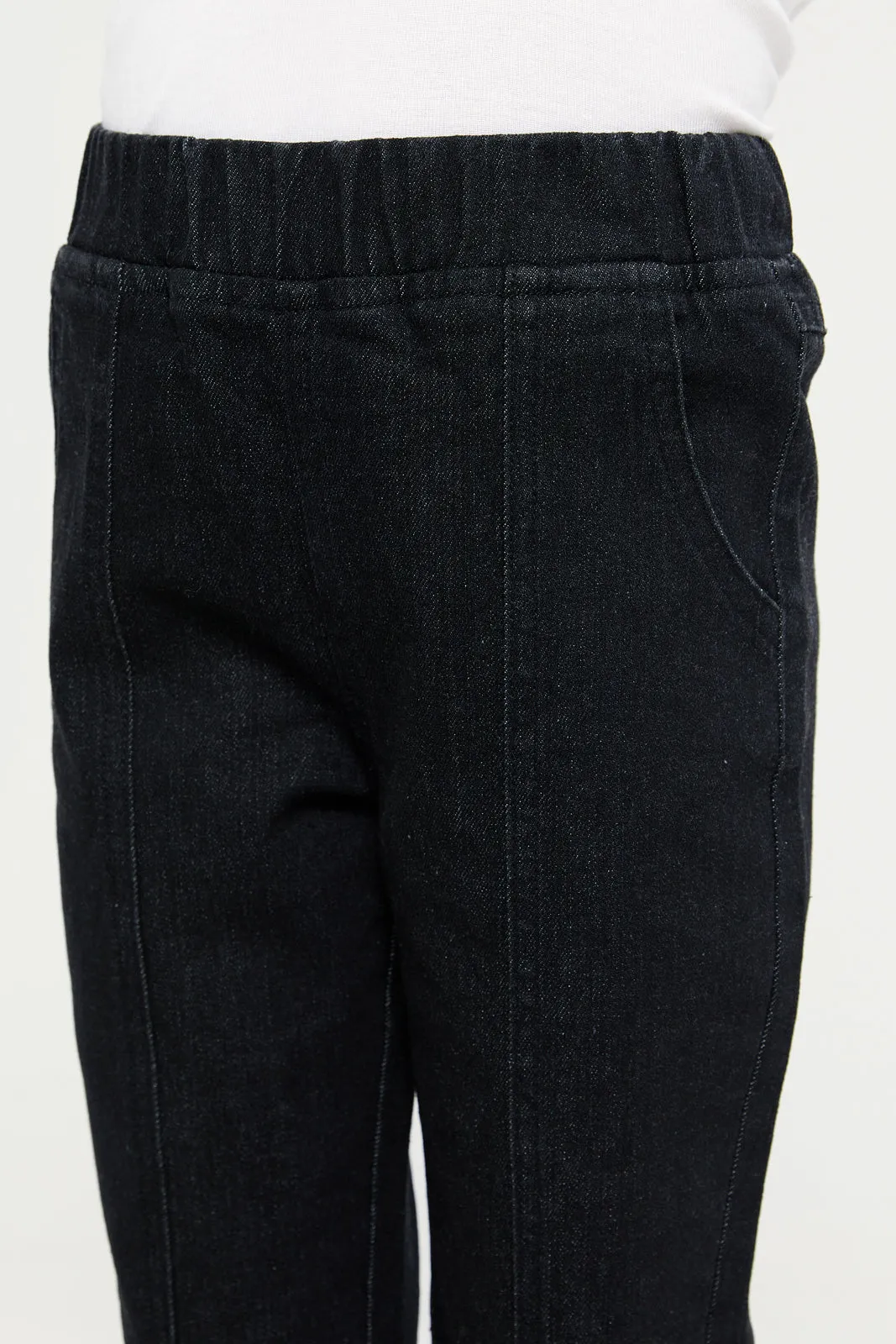 Girls Black Paneled Flared Denim Jeans