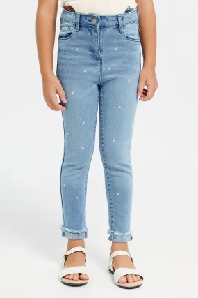 Girls Blue Star Embellished Denim Jeans