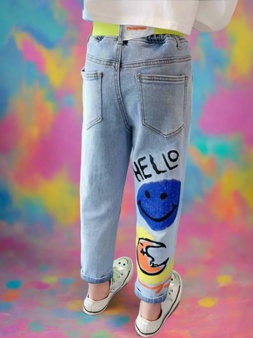 Girls Trendy Graffiti Smiley Rainbow Jeans