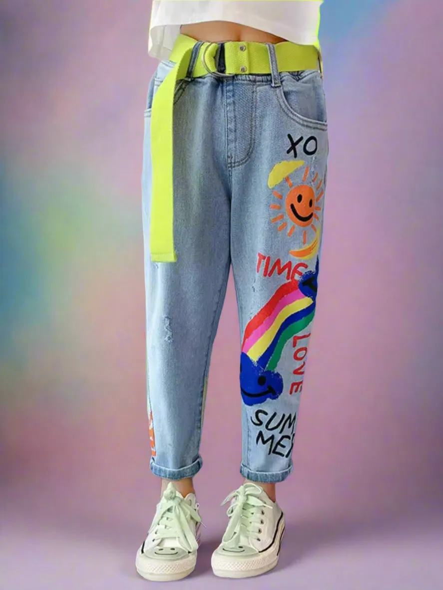 Girls Trendy Graffiti Smiley Rainbow Jeans