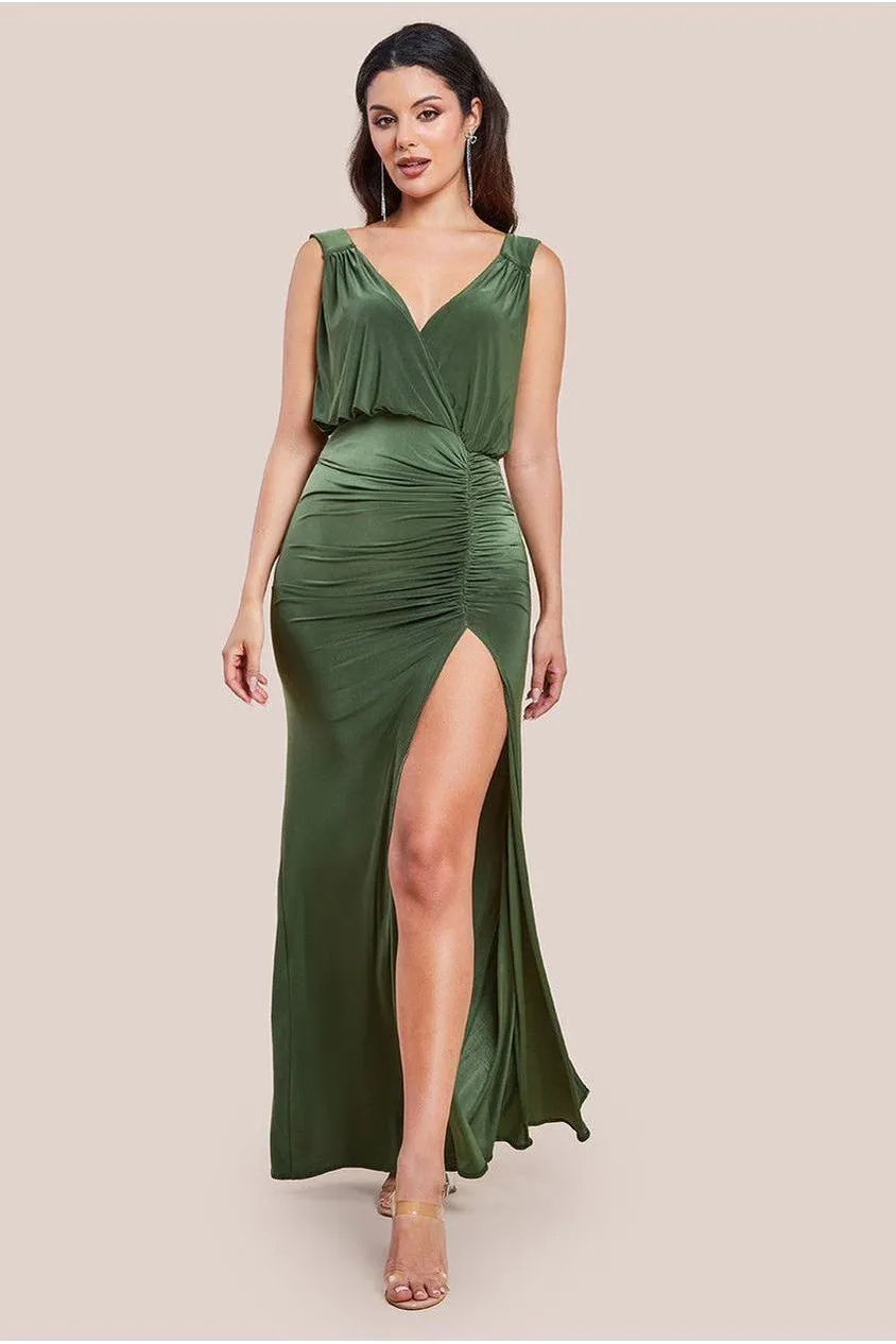 Goddiva Front Wrap Gathered Maxi Dress - Olive