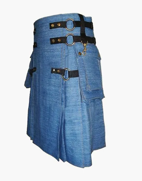 Gothic kilt in blue denim with detachable apron