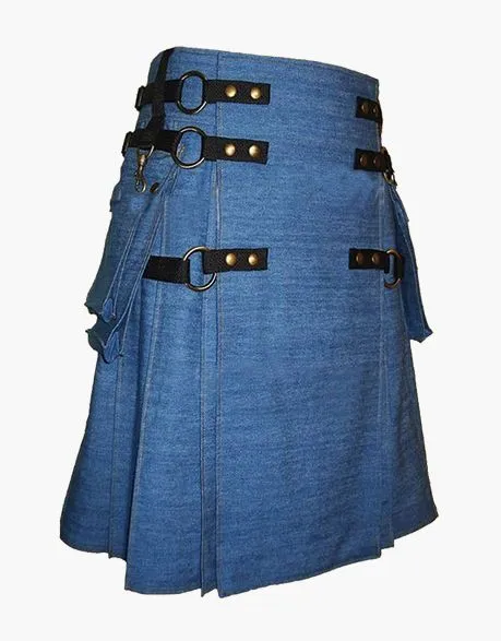 Gothic kilt in blue denim with detachable apron