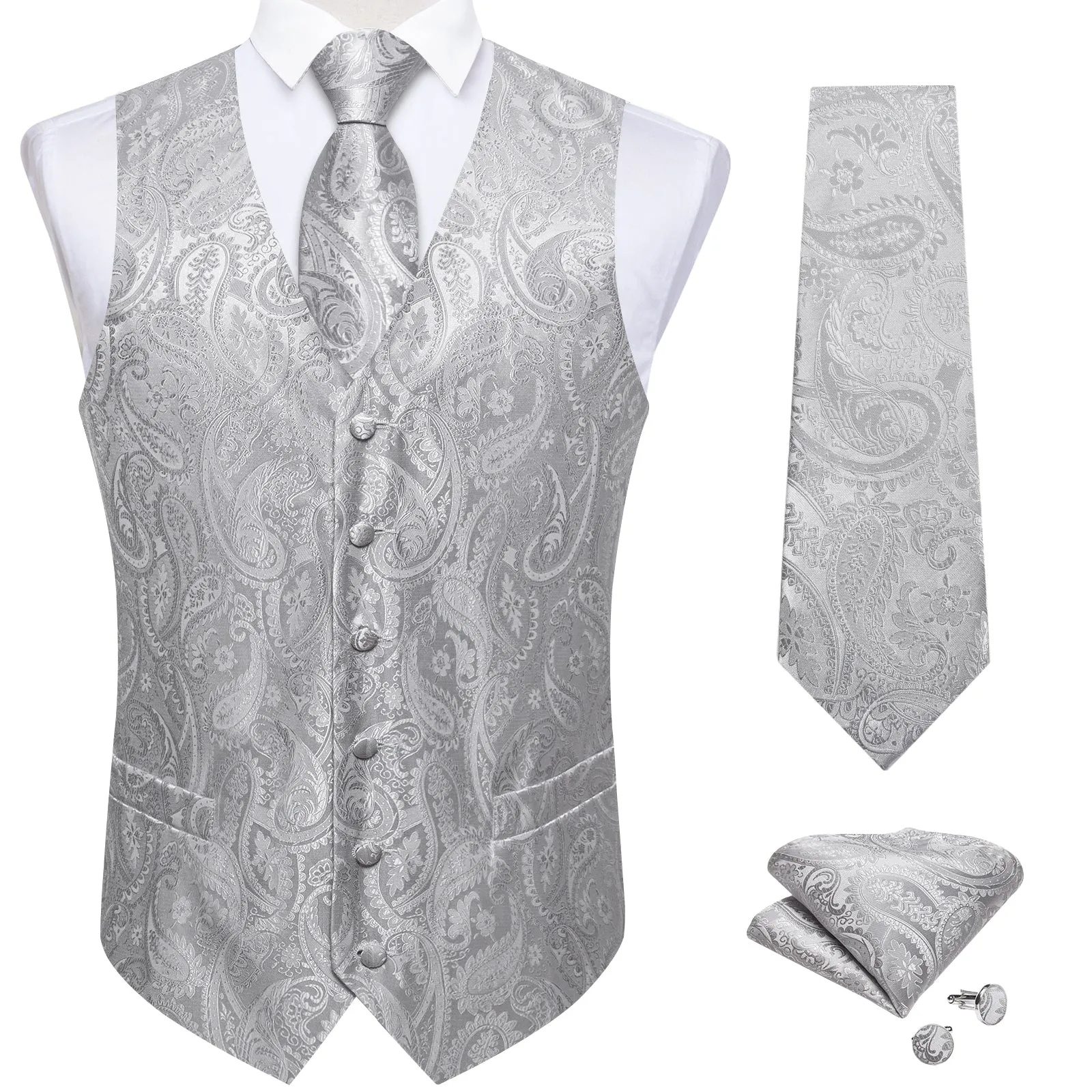 Grey Paisley Silk Men's Vest Hanky Cufflinks Tie Set