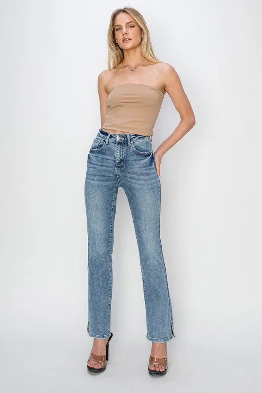 High Rise Relaxed Straight Jeans With Side Slit