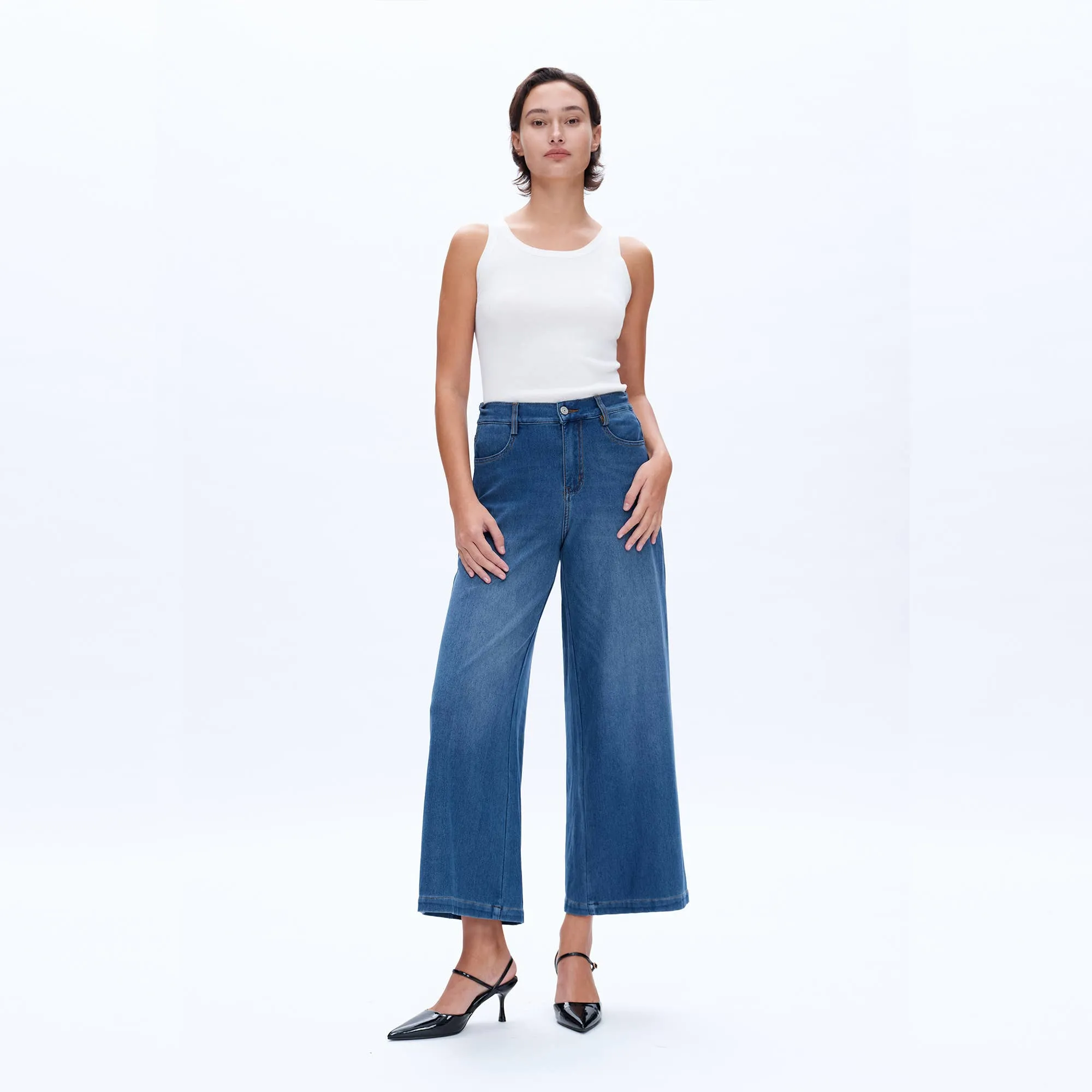 HIGH RISE WIDE LEG FLARE JEANS WITH FINISHED HEM BYW8114