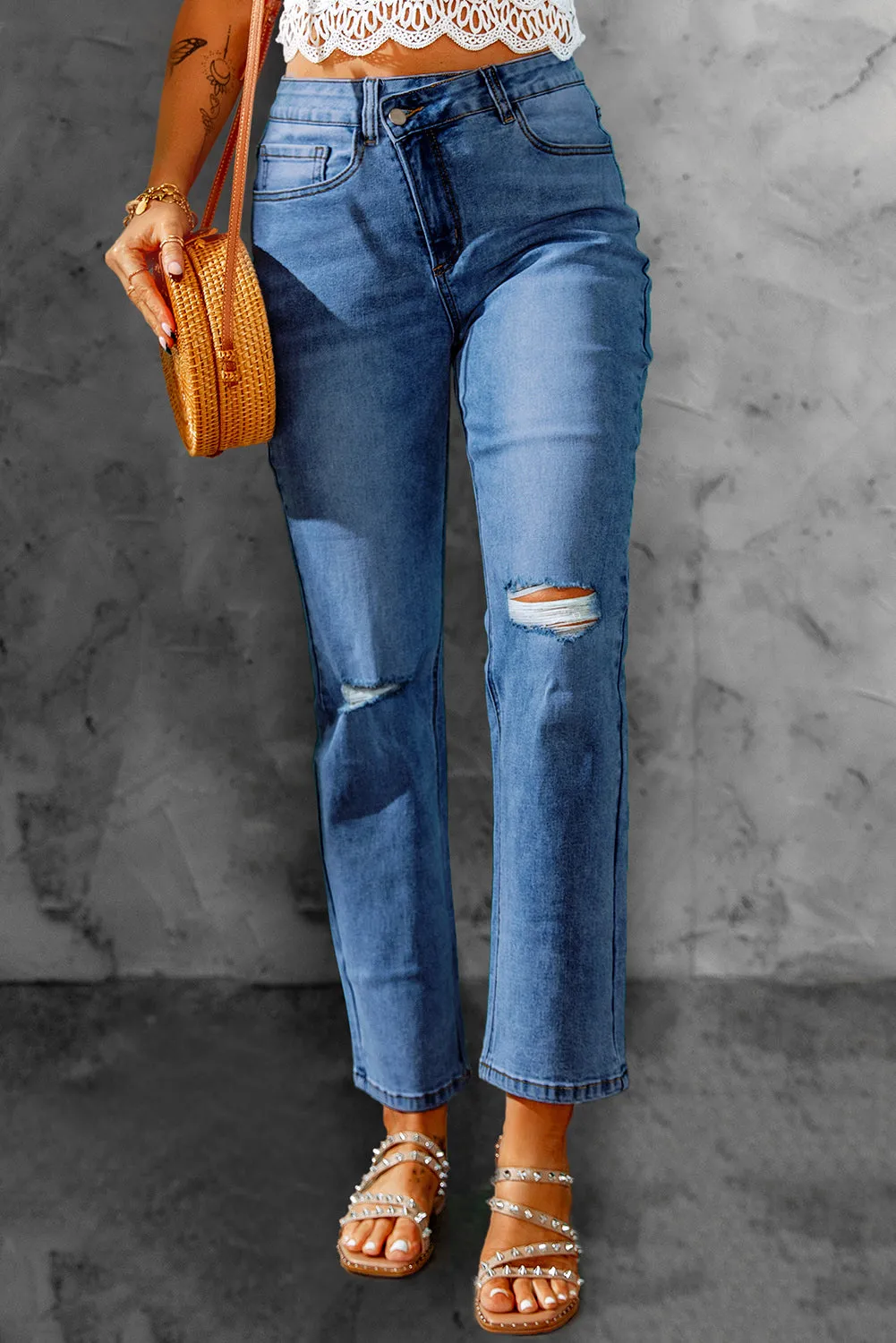 High Waist Distressed Straight Leg Jeans