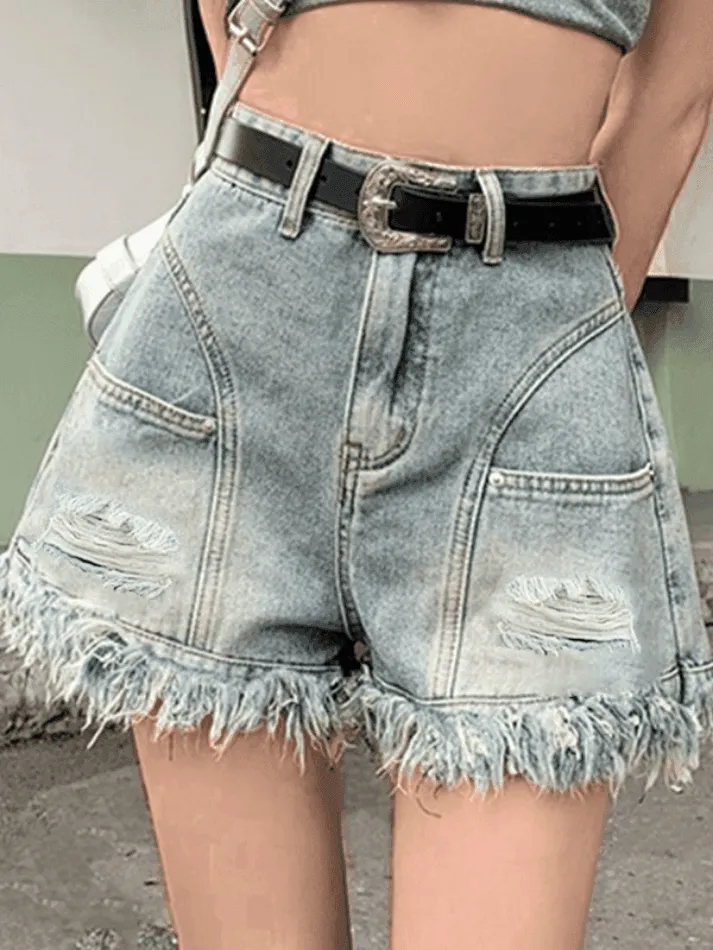 High Waist Hole Burr Tassel Denim Short