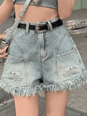 High Waist Hole Burr Tassel Denim Short