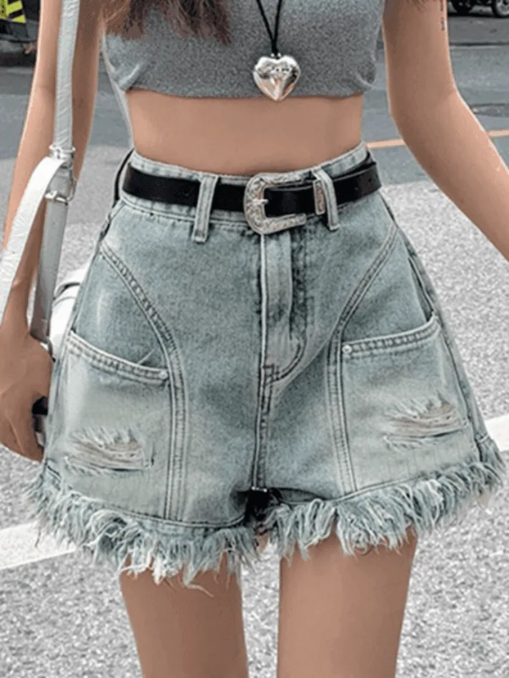 High Waist Hole Burr Tassel Denim Short