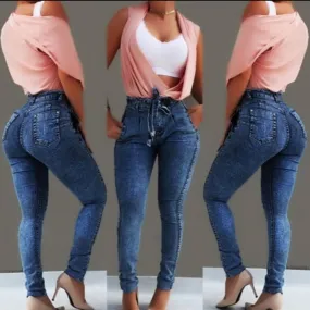 High Waist Slim Stretch Denim Tassel Belt Bandage Skinny Push Up Jeans