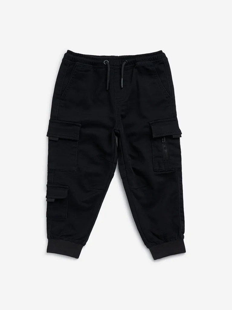 HOP Kids Black Cargo-Style Mid-Rise Cotton Blend Joggers