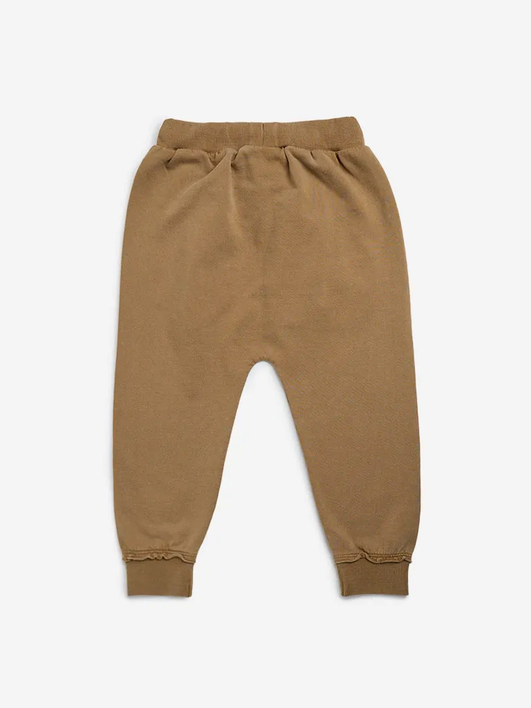 HOP Kids Brown Text Printed Mid-Rise Cotton Joggers