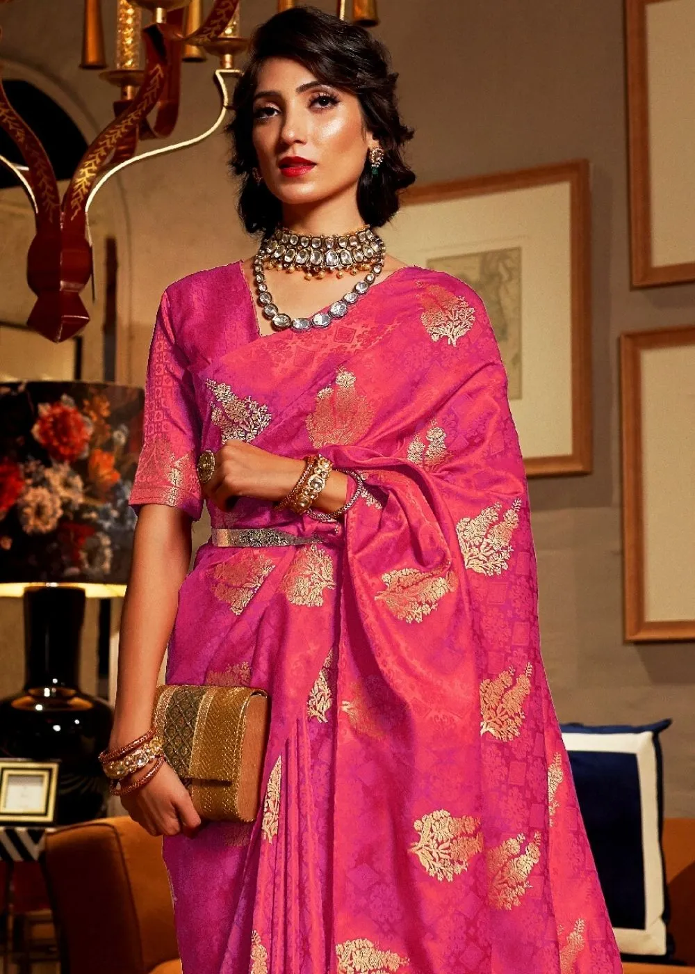 Hot Pink Satin Woven Silk Saree with overall Golden Buti