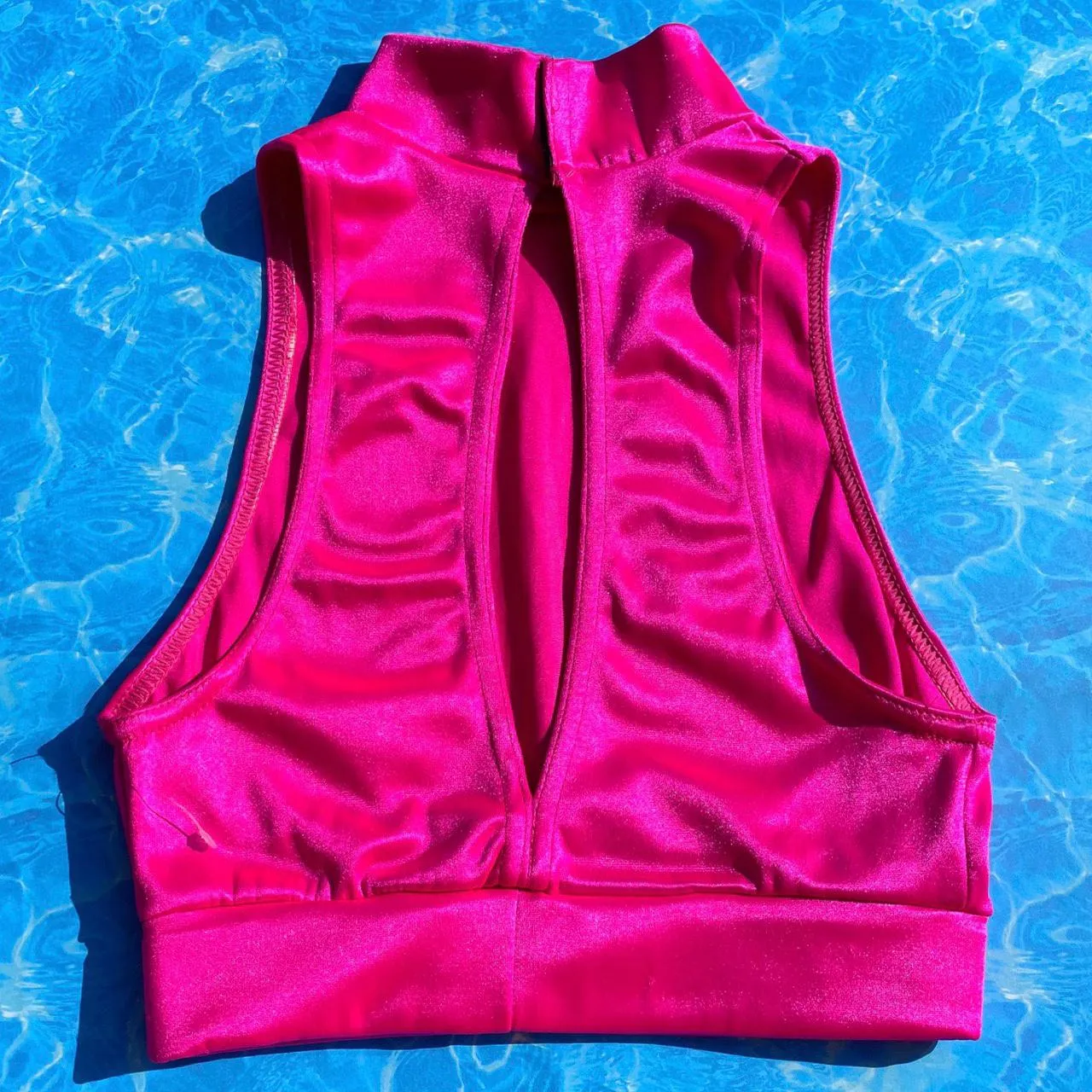 Hot Pink Shimmer Mock Neck Crop Keyhole Bikini Top