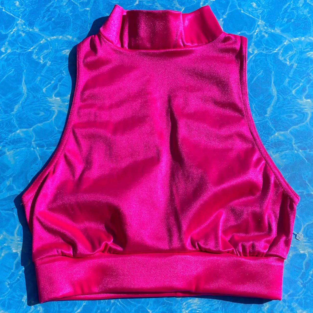 Hot Pink Shimmer Mock Neck Crop Keyhole Bikini Top