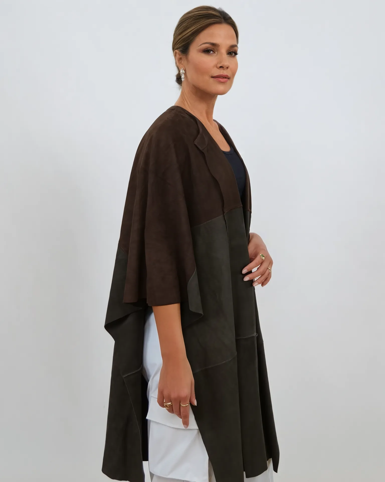 Inna Poncho, 95 cm. - Goat Suede - Women - Brown & Olive