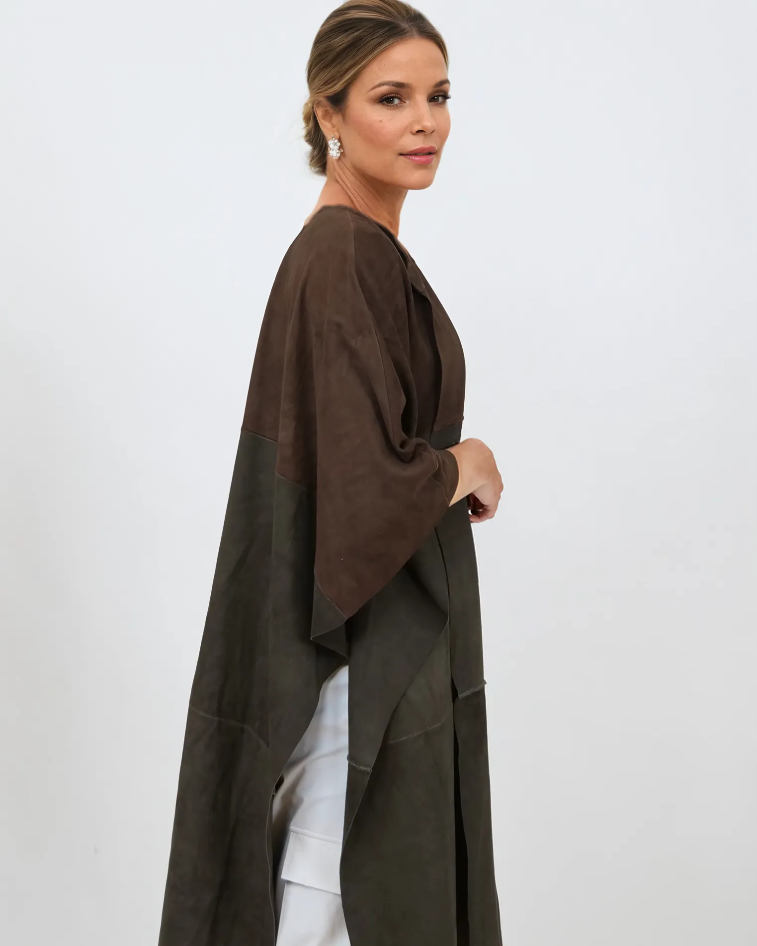 Inna Poncho, 95 cm. - Goat Suede - Women - Brown & Olive