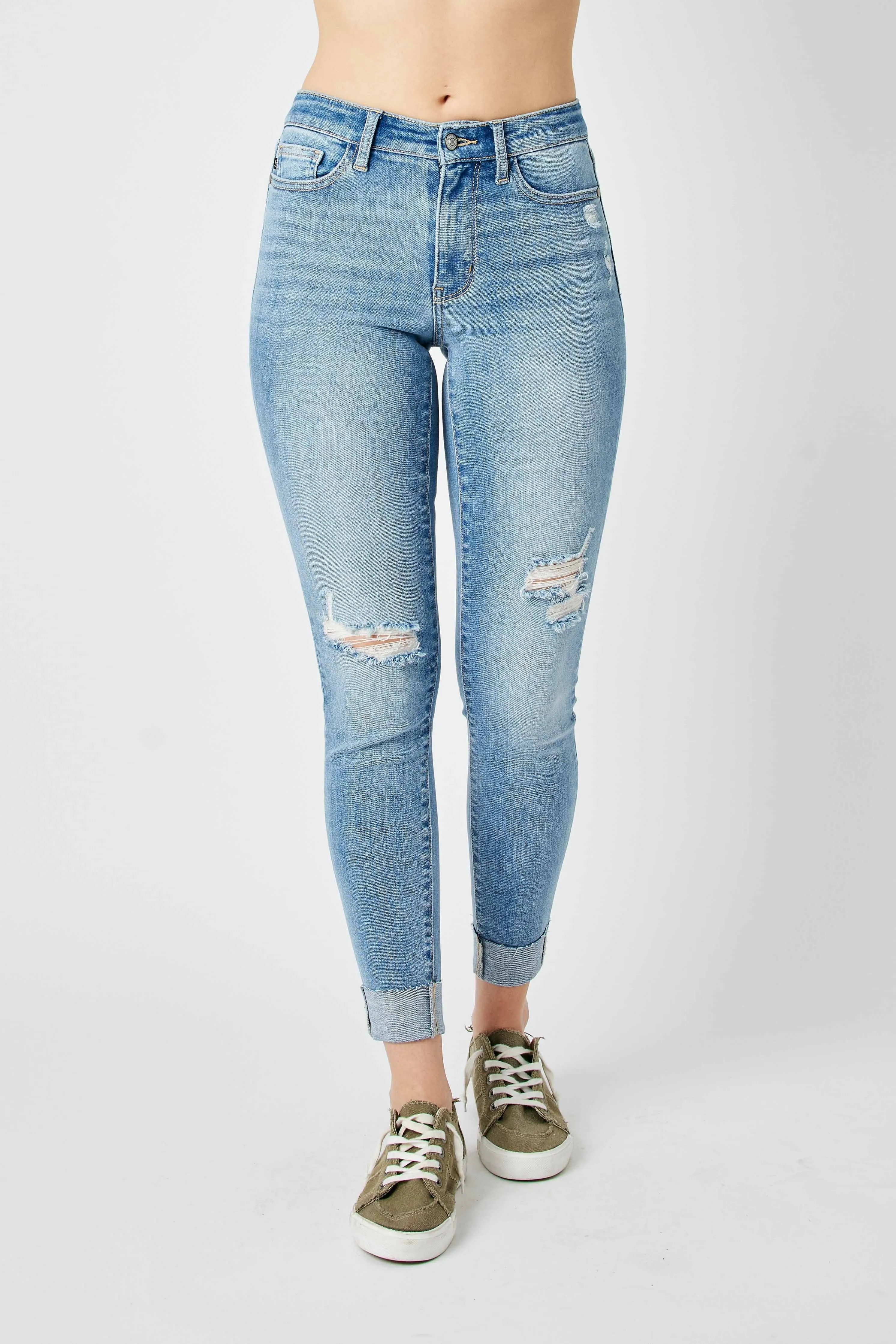 Judy Mid Rise Destroyed and Cuffed Skinny Denim Jeans in Medium Wash