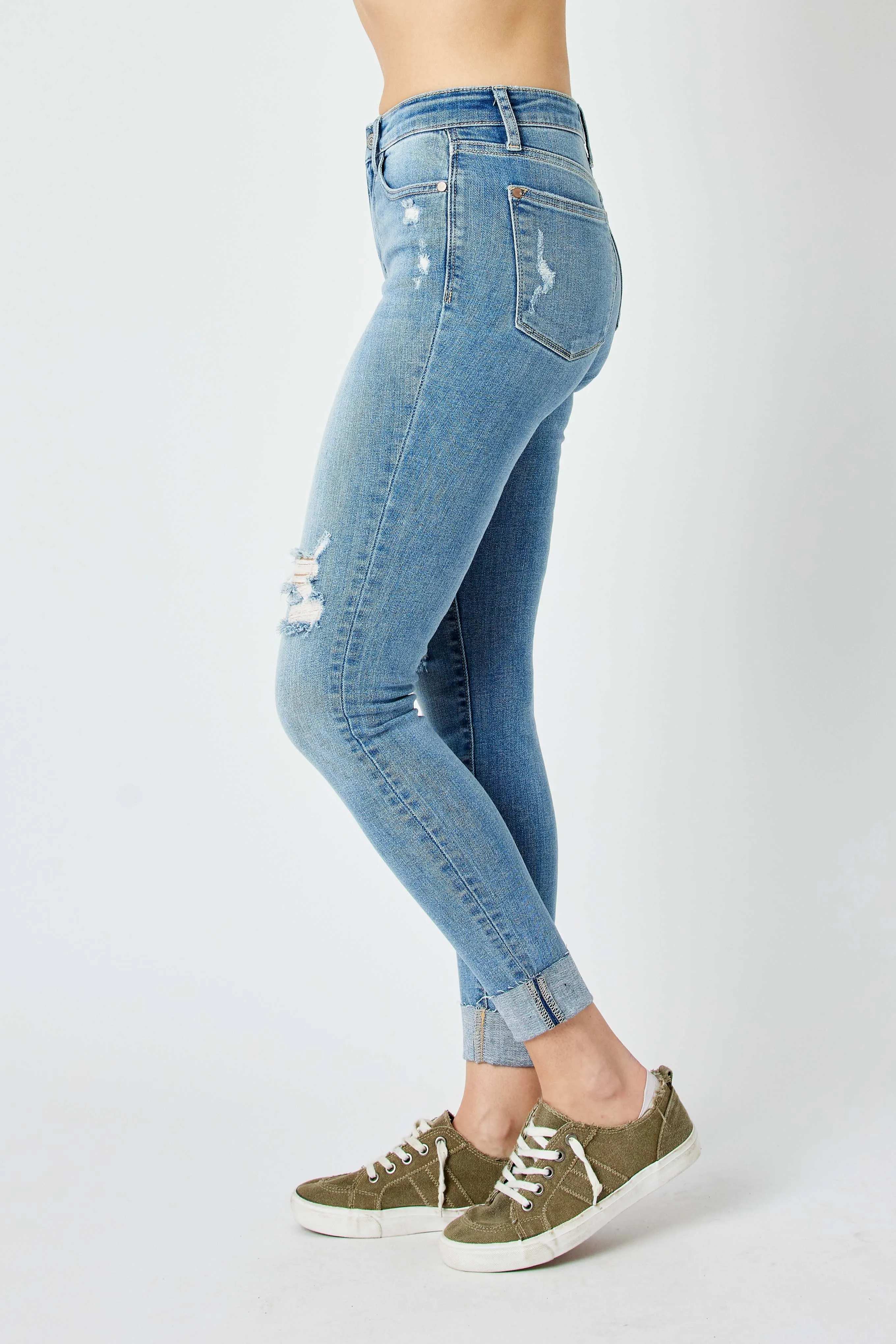 Judy Mid Rise Destroyed and Cuffed Skinny Denim Jeans in Medium Wash