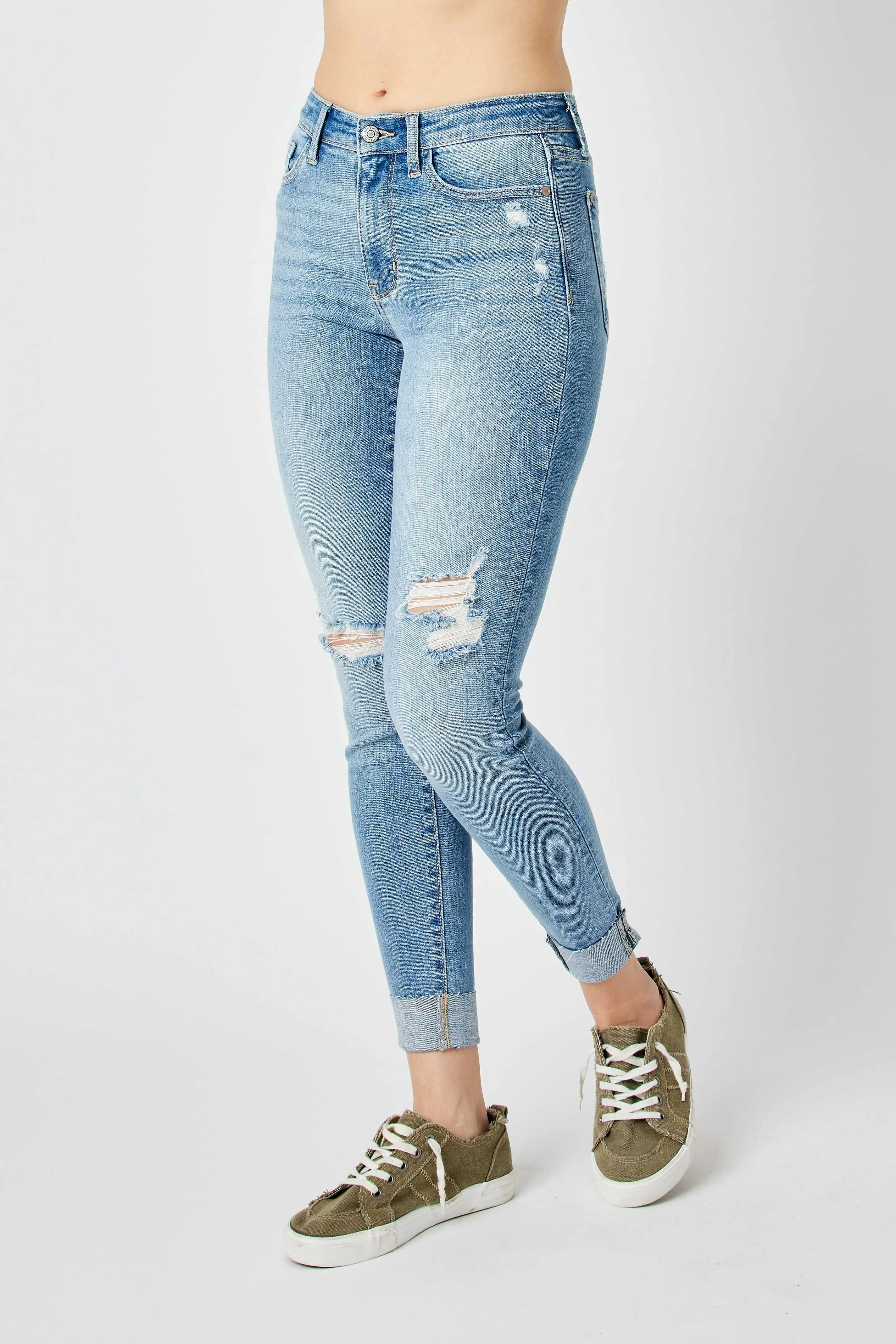 Judy Mid Rise Destroyed and Cuffed Skinny Denim Jeans in Medium Wash