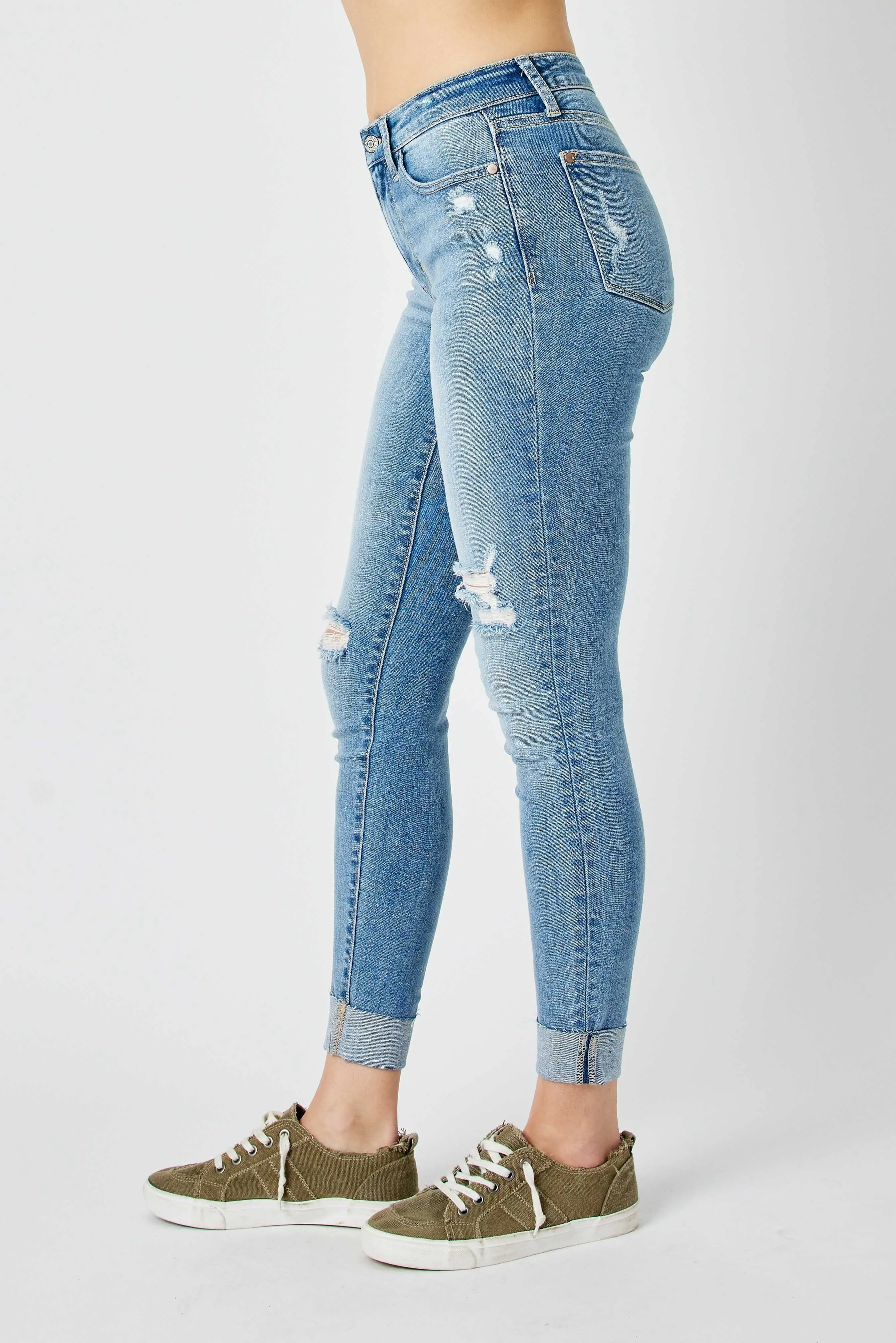 Judy Mid Rise Destroyed and Cuffed Skinny Denim Jeans in Medium Wash