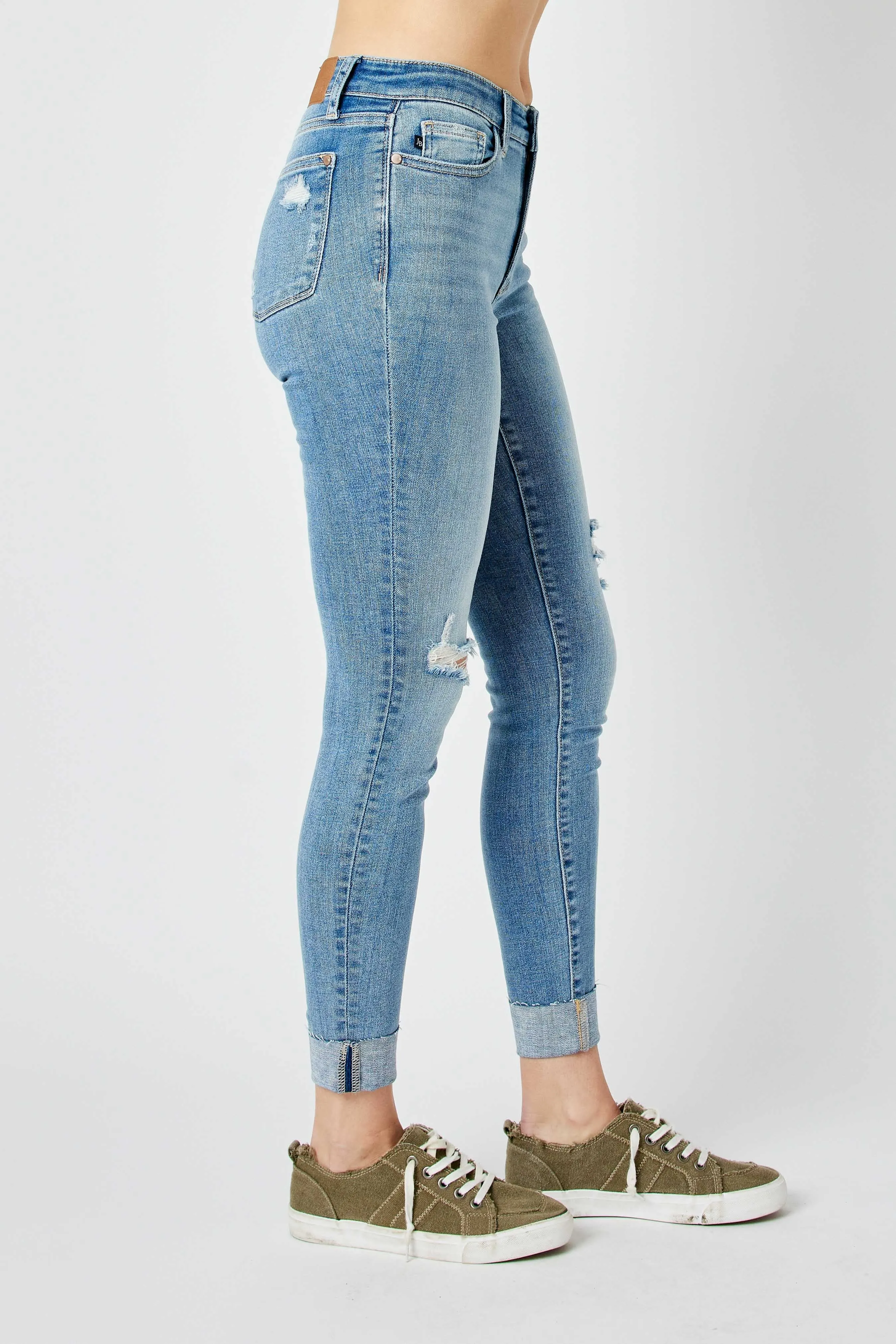 Judy Mid Rise Destroyed and Cuffed Skinny Denim Jeans in Medium Wash