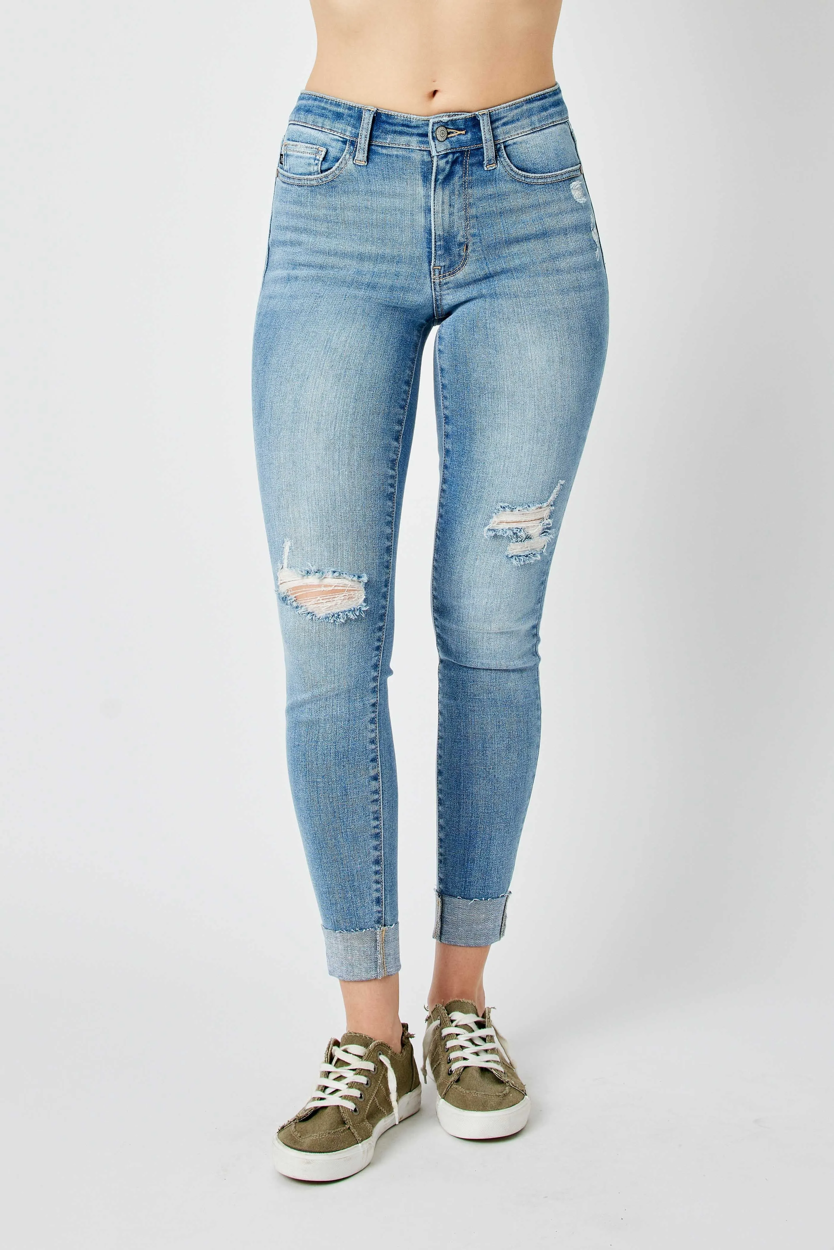 Judy Mid Rise Destroyed and Cuffed Skinny Denim Jeans in Medium Wash