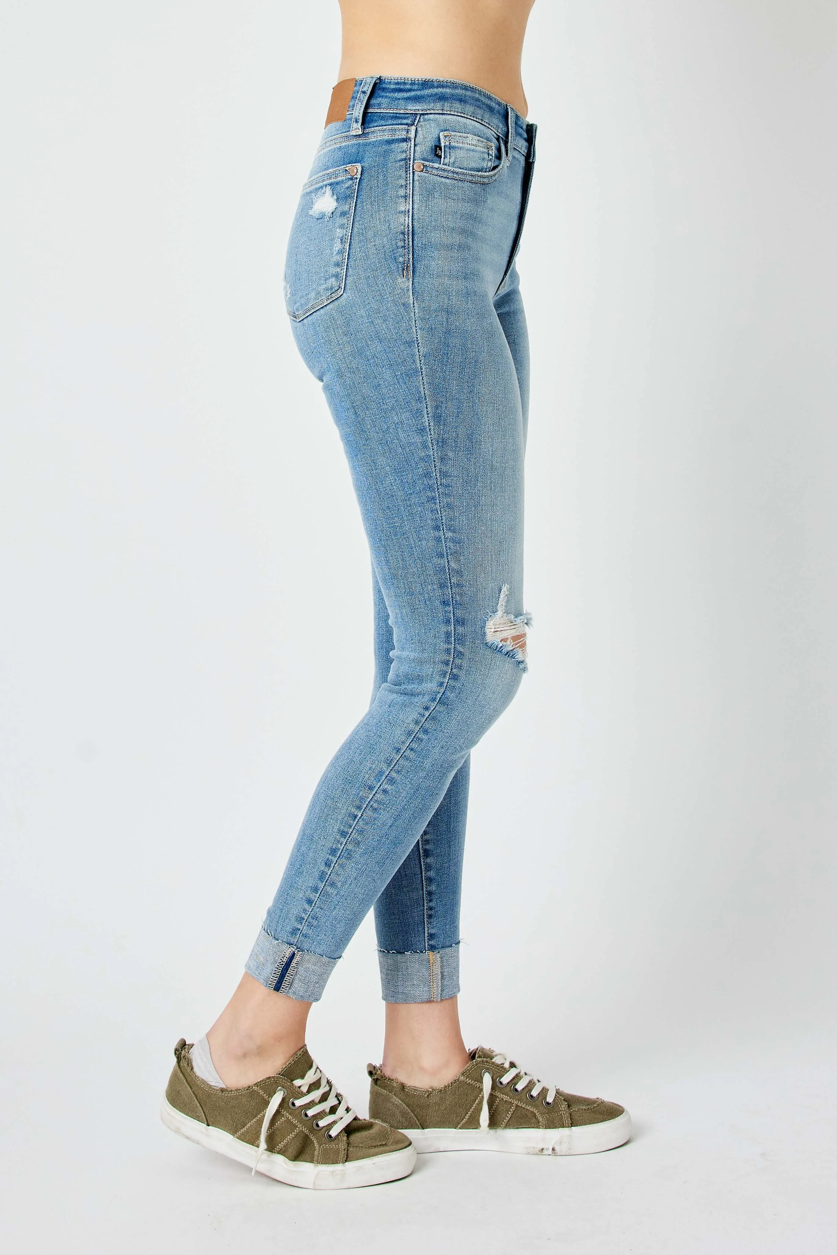 Judy Mid Rise Destroyed and Cuffed Skinny Denim Jeans in Medium Wash