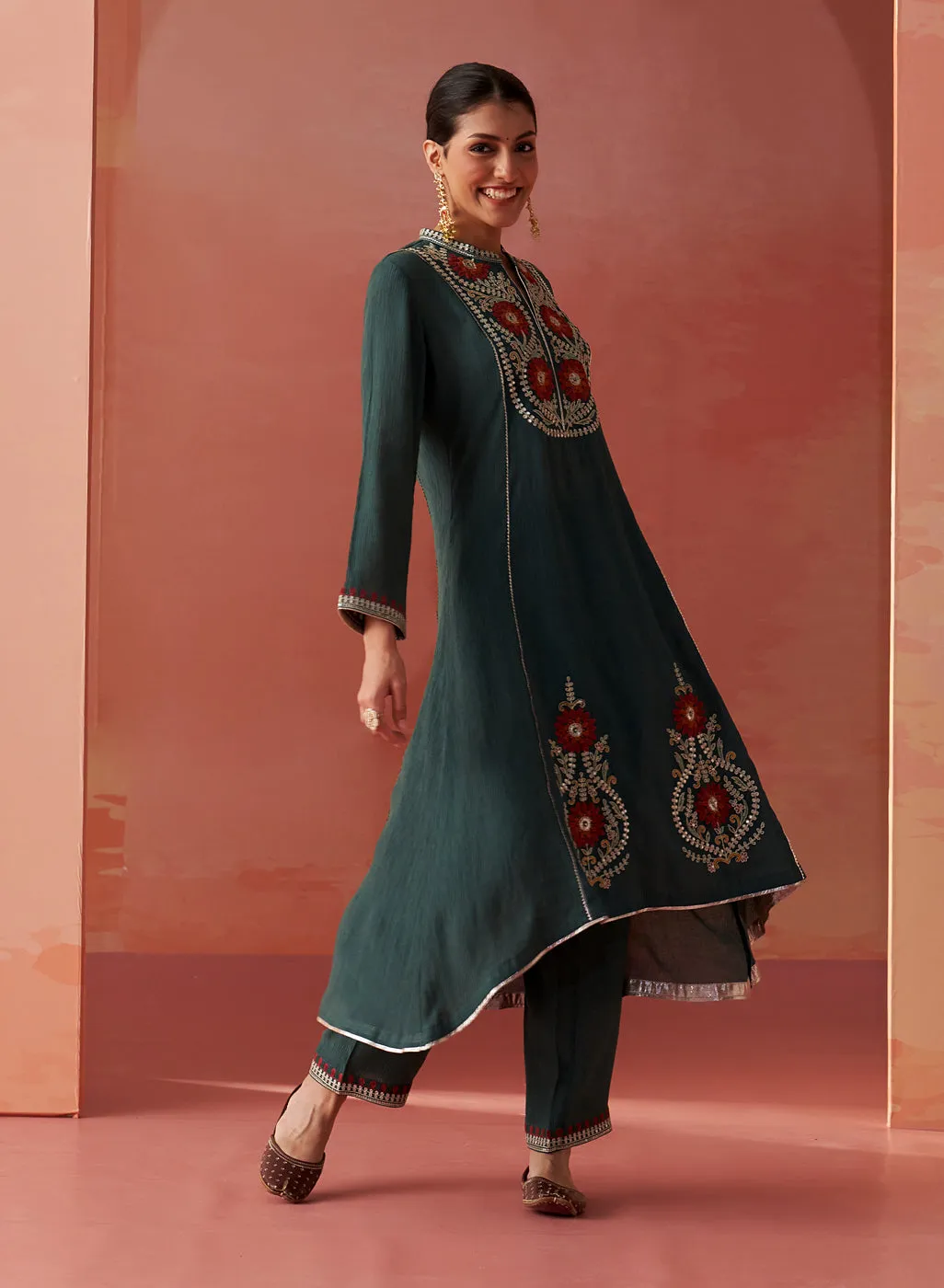 Karima Green Embroidered Viscose Kurta Set for Women