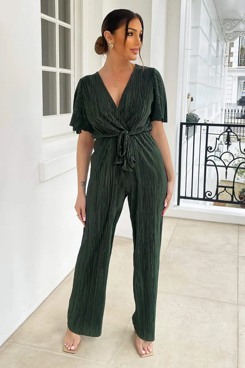 Khaki Wrap Top Plisse Jumpsuit