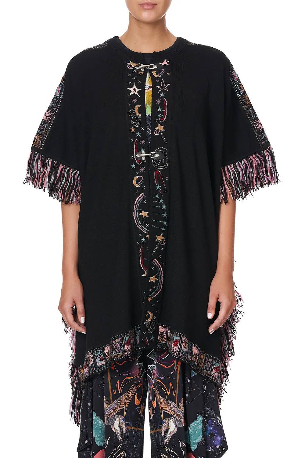 KNIT JACQUARD PONCHO WITH HARDWARE MIDNIGHT MOON HOUSE