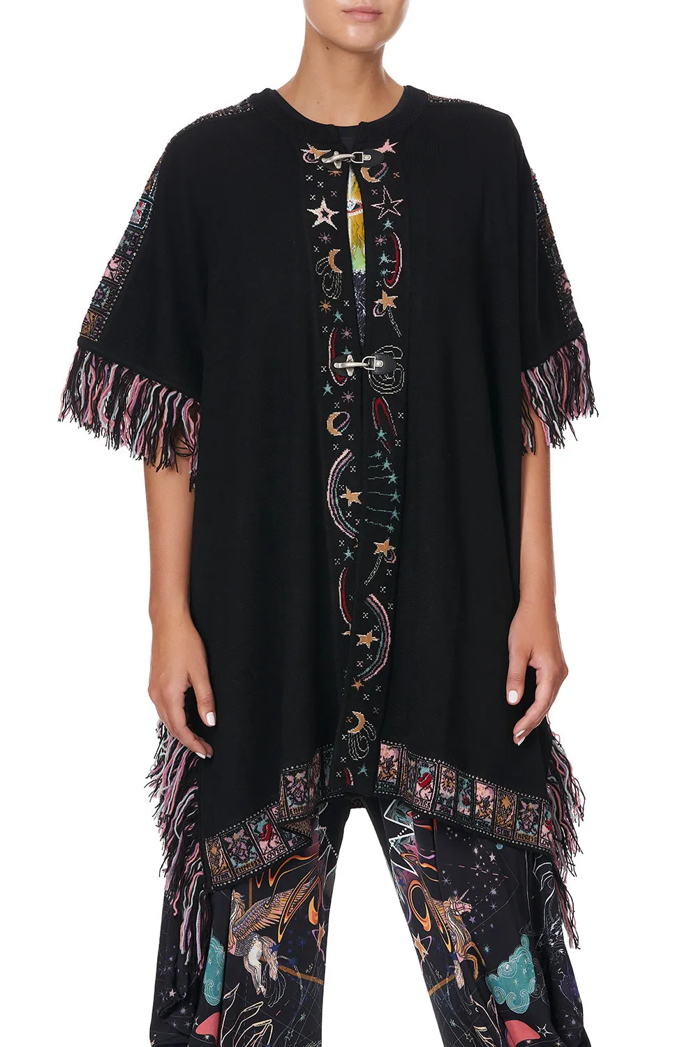 KNIT JACQUARD PONCHO WITH HARDWARE MIDNIGHT MOON HOUSE