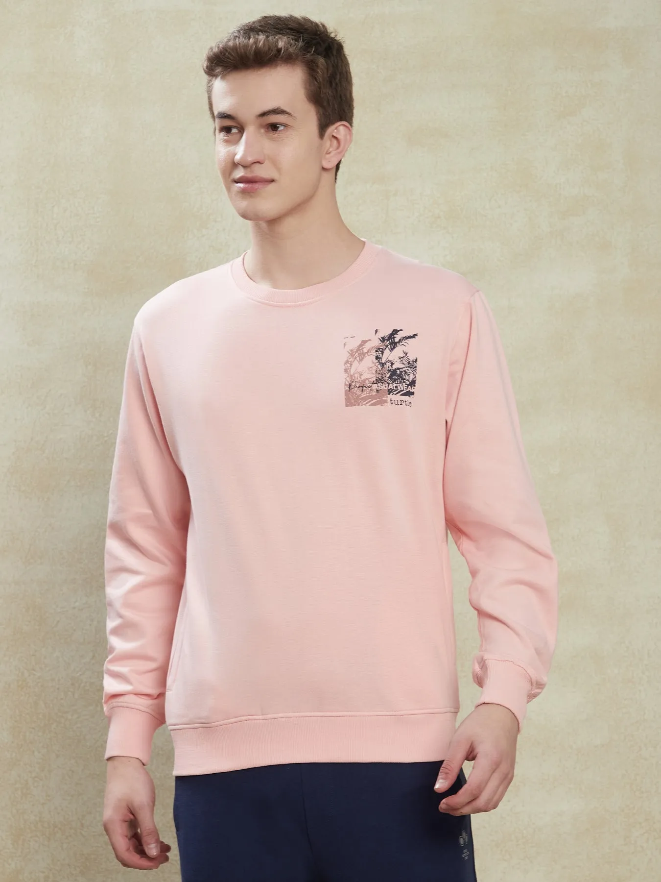 Knitted Light Pink Printed Regular Fit Full Sleeve Casual Sweatshirt