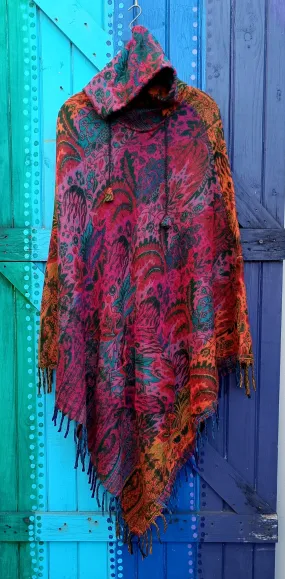 Ladies Wool Blend Poncho - Orange and Pink One Size