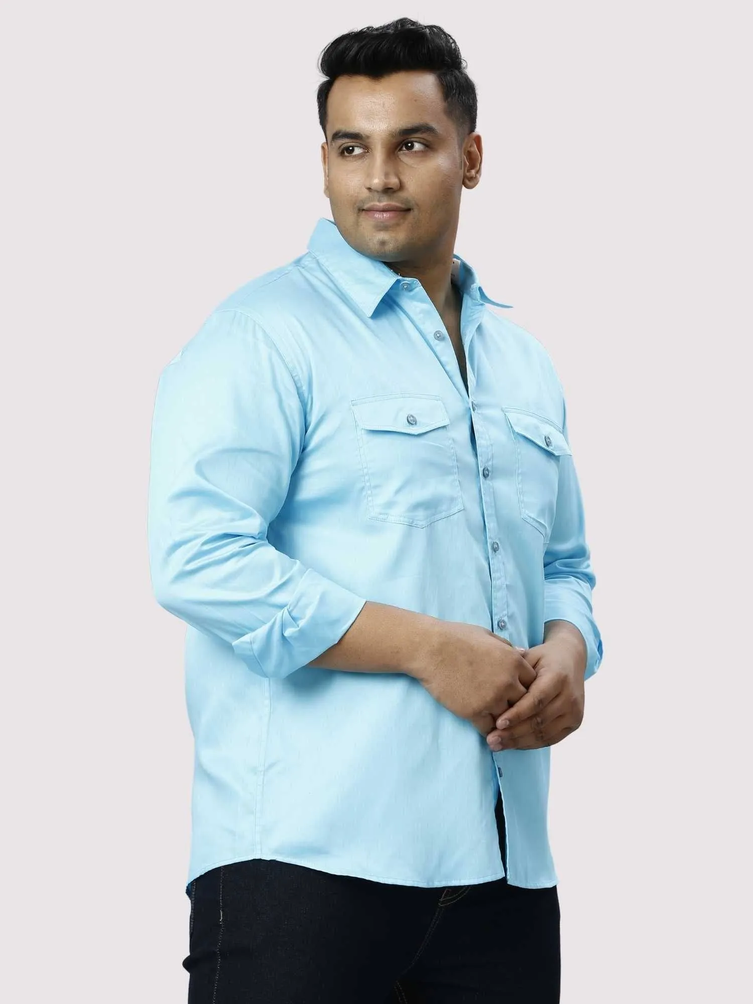 Light Blue Pure Cotton Double Pocket Full Sleeve Shirt Men's Plus Size