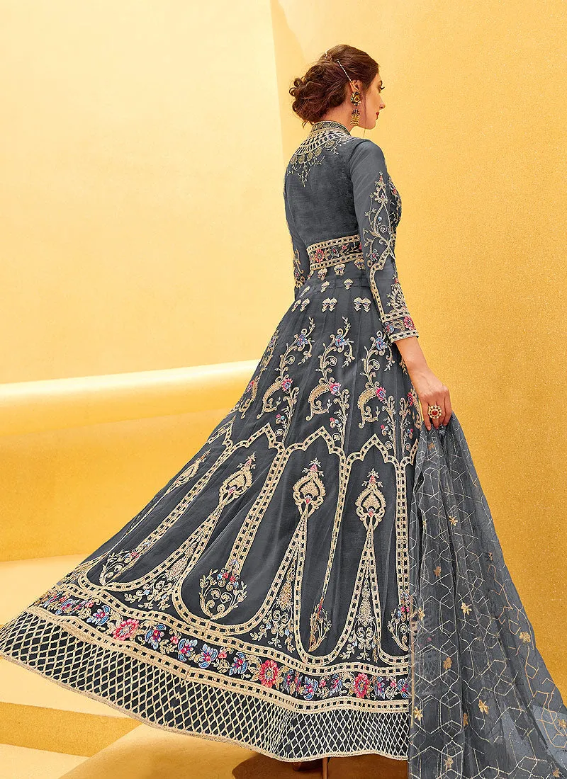 Light Grey Overall Zari Embellished Designer Anarkali Gown