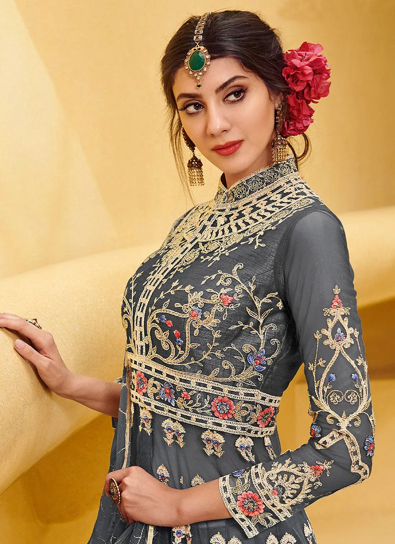 Light Grey Overall Zari Embellished Designer Anarkali Gown