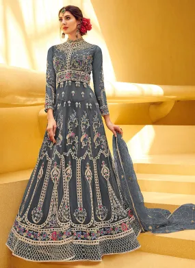 Light Grey Overall Zari Embellished Designer Anarkali Gown