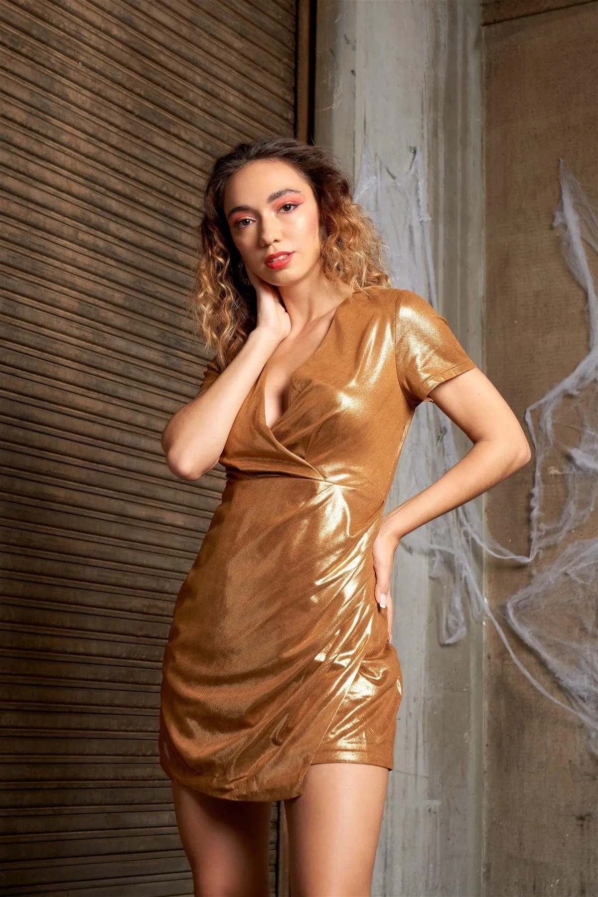 Liquid Gold Deep Plunge V-Neck Short Sleeve Wrap Gathered Side Detail Mini Dress /1-2-2-1