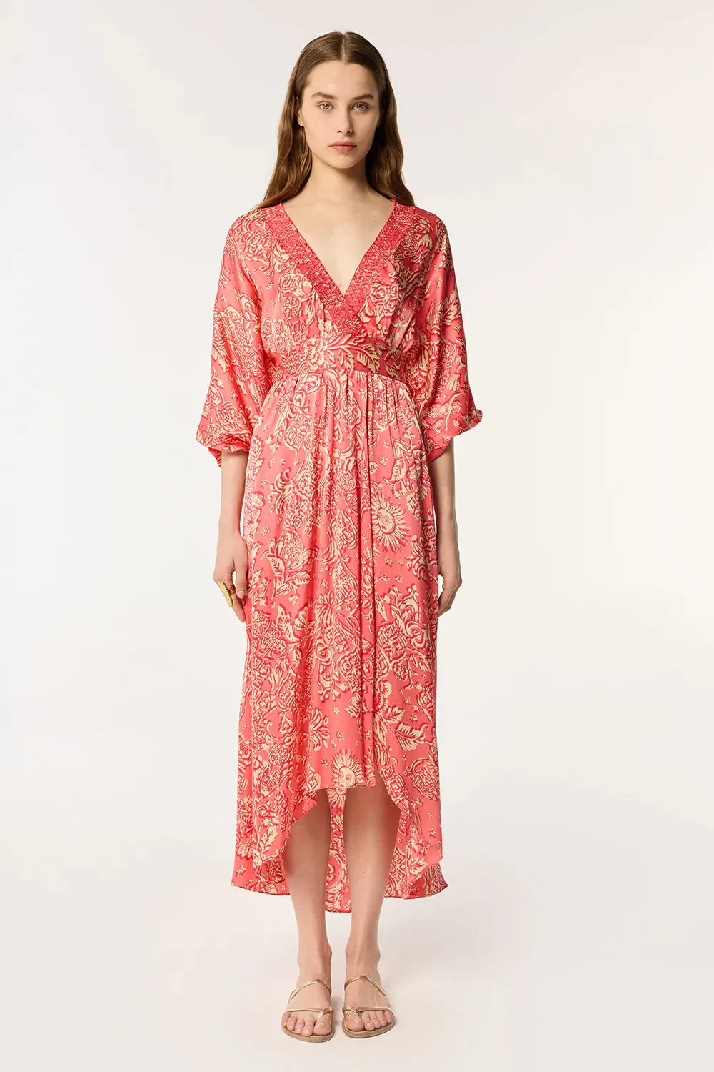 Long Dress Celie - Pink Oriental Foulard