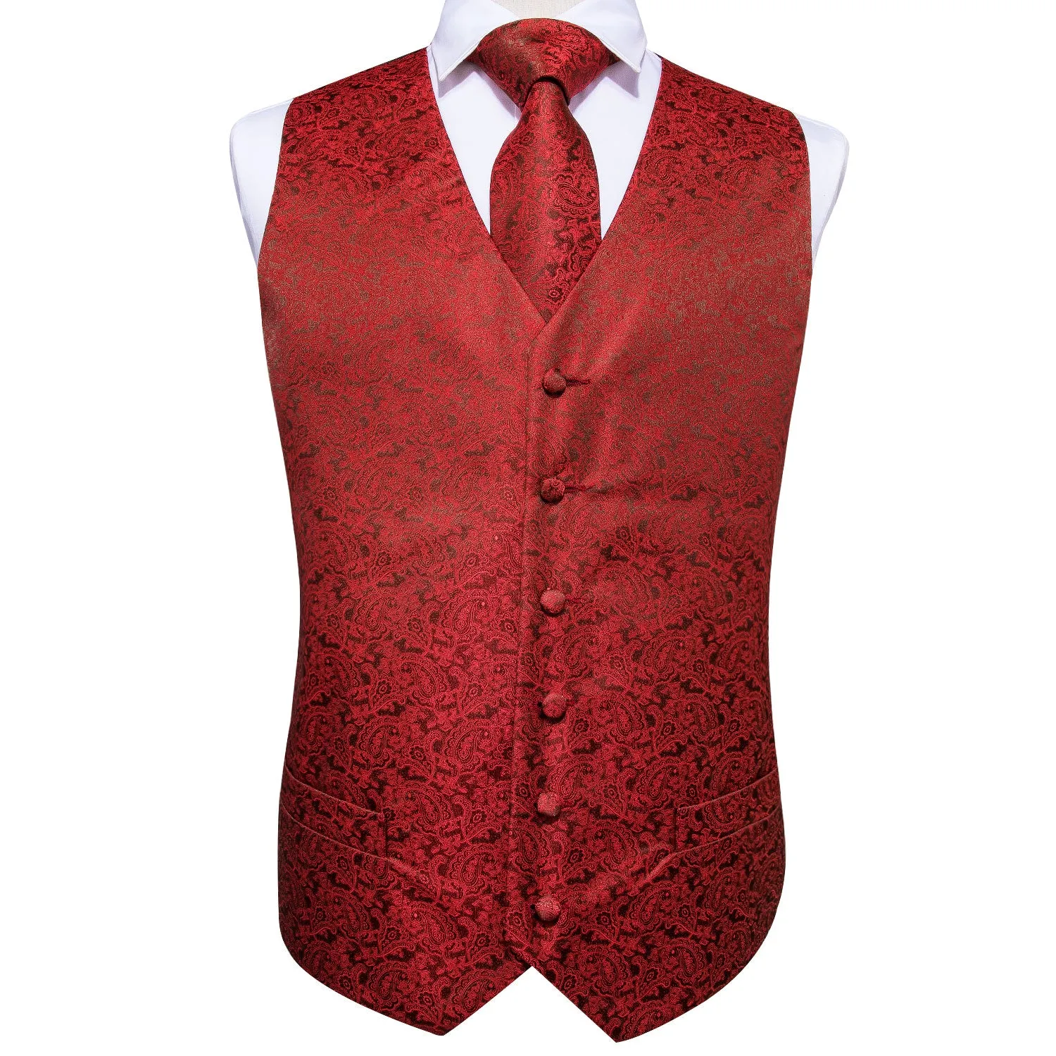 Luxury Red Paisley Jacquard Silk Men's Vest Hanky Cufflinks Tie Set