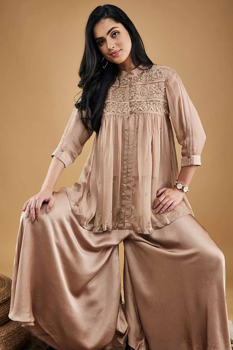 Mauve Azra Embellished Kurta With flared Pants