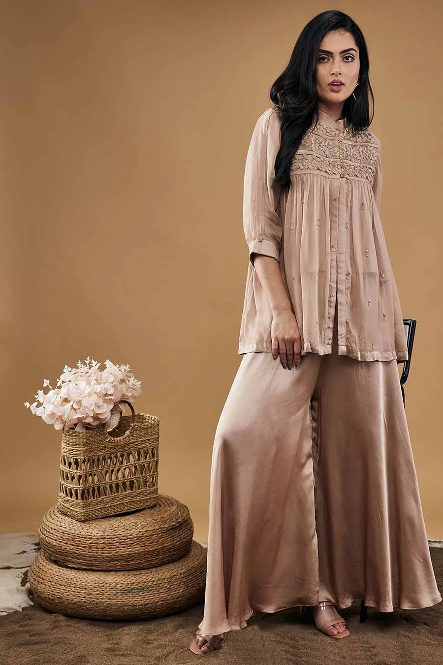 Mauve Azra Embellished Kurta With flared Pants