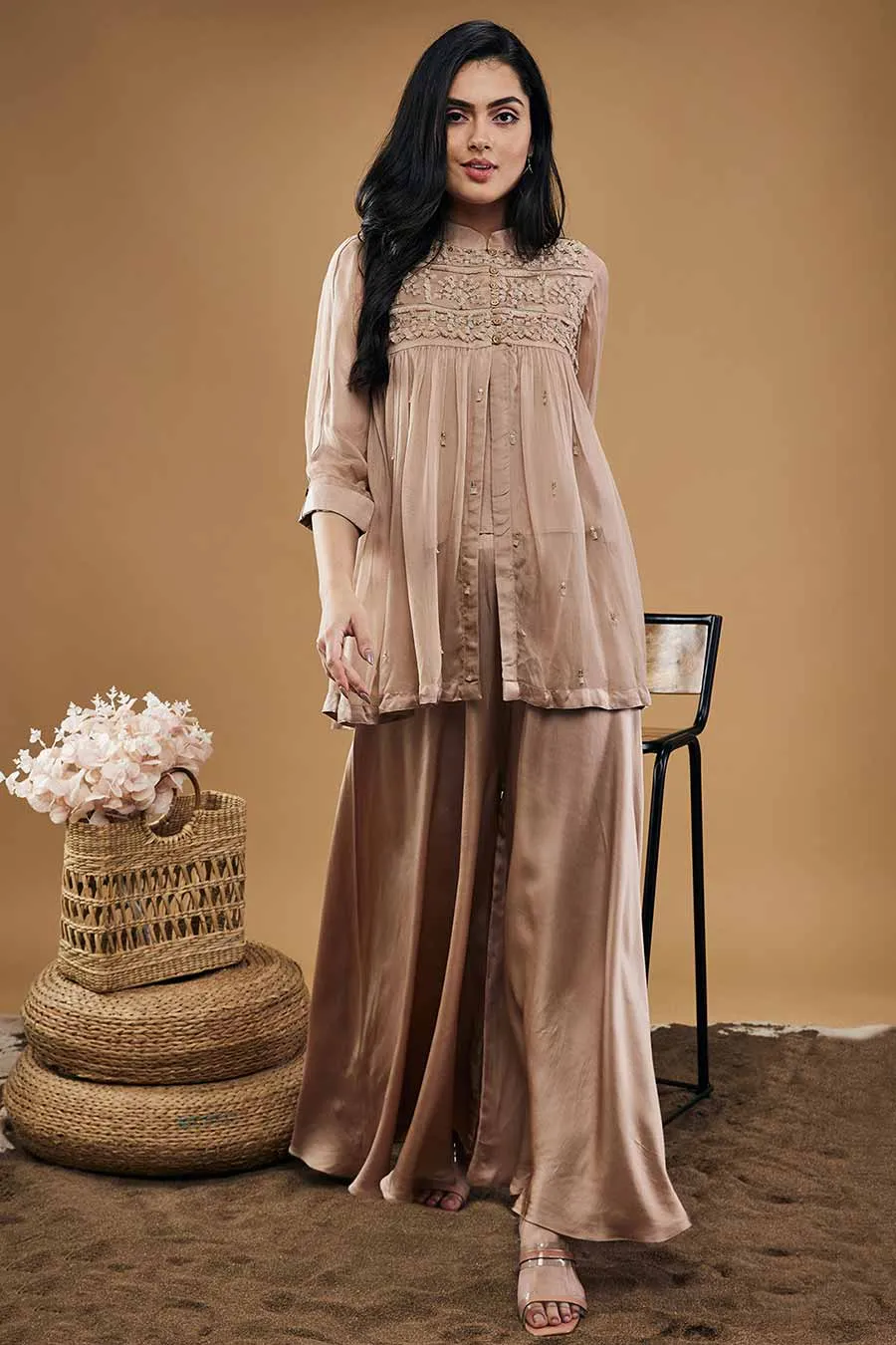 Mauve Azra Embellished Kurta With flared Pants