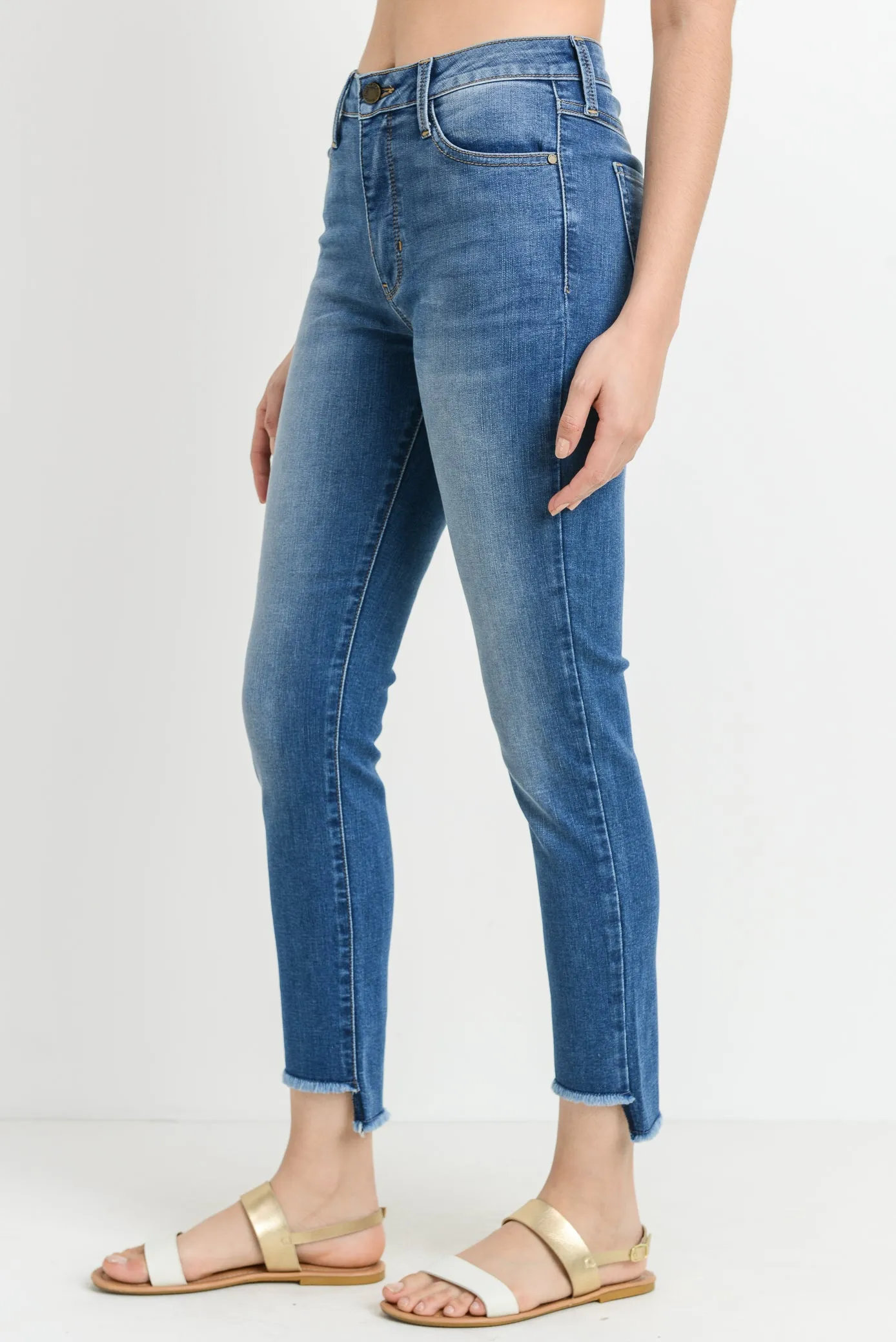 Medium Wash Denim Crop Fray Step Hem Jeans