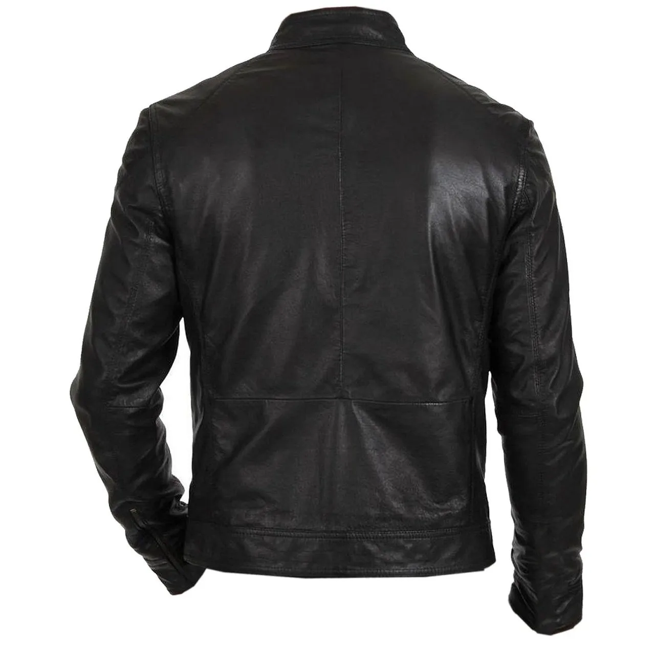 Men Black Collar Strap Leather Jacket