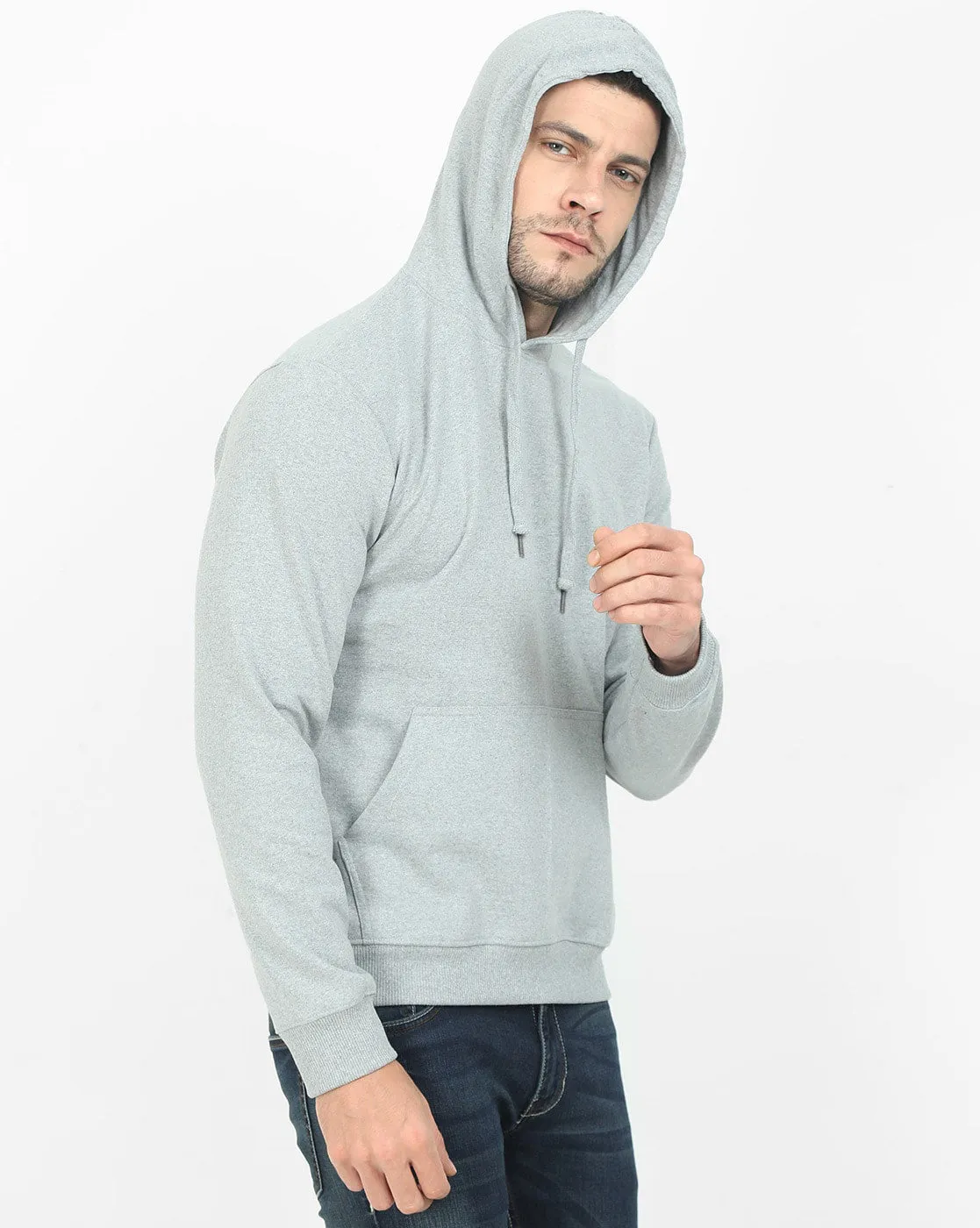 Men Melange Grey Solid Relaxed Fit Hoodies Sweatshirt By LazyChunks